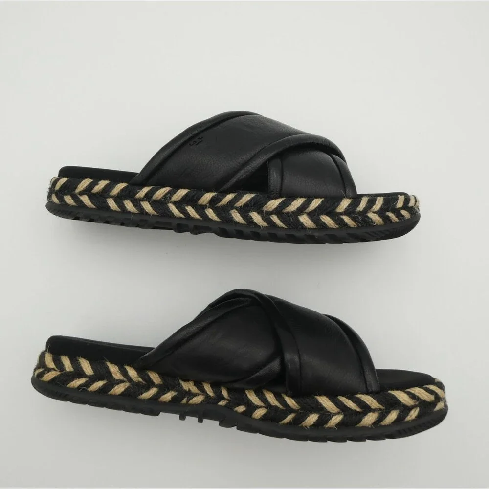 Tory Burch Criss Cross Women's 8 Leather Espadrille Slide Sandals Black Leather